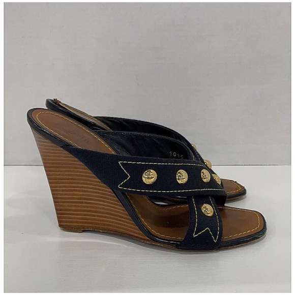 Authentic Louis Vuitton 05 Gold Stud Canvas Wedge Sole Sandals Sz 37.5 US 7.5 - Picture 5 of 10